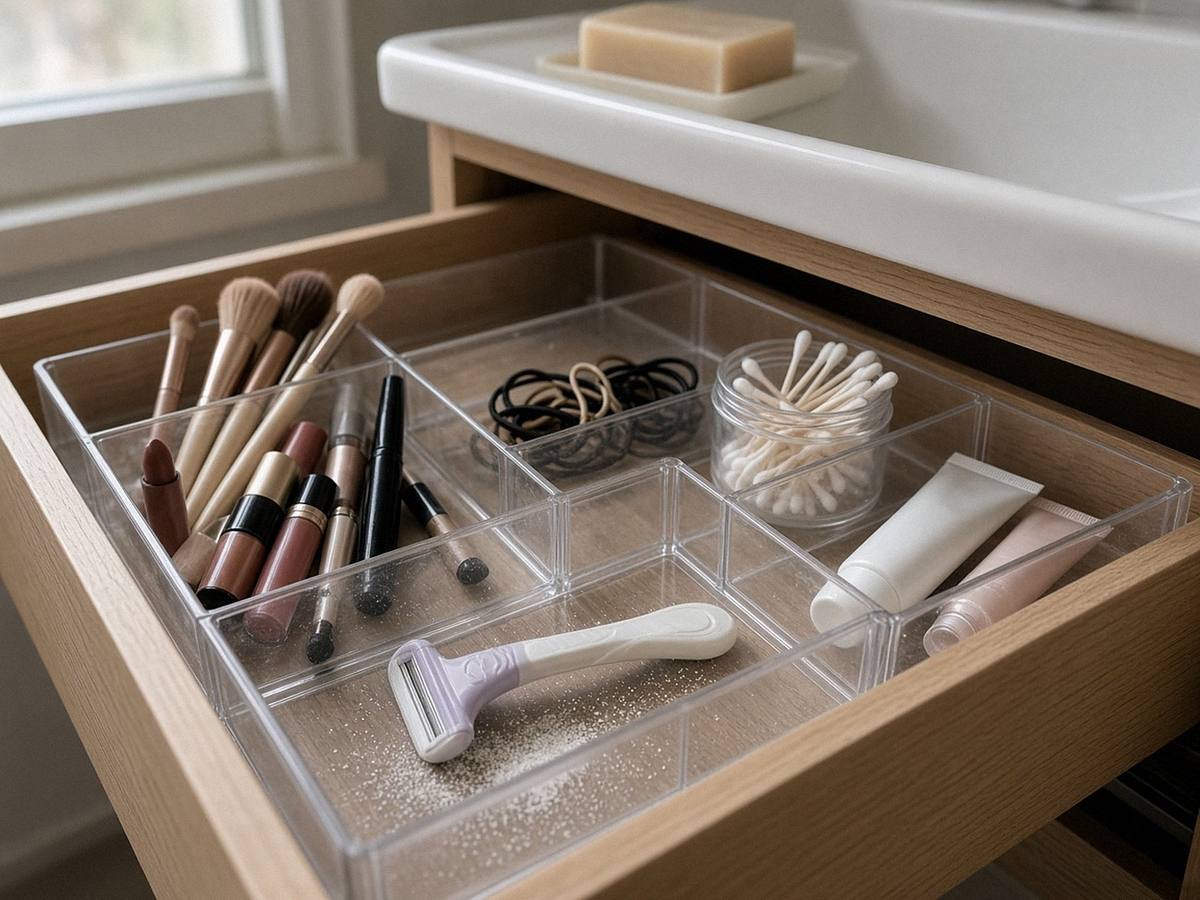 Cassetto del bagno con organizer in acrilico pieno di pennelli da trucco, rossetti e cotton fioc