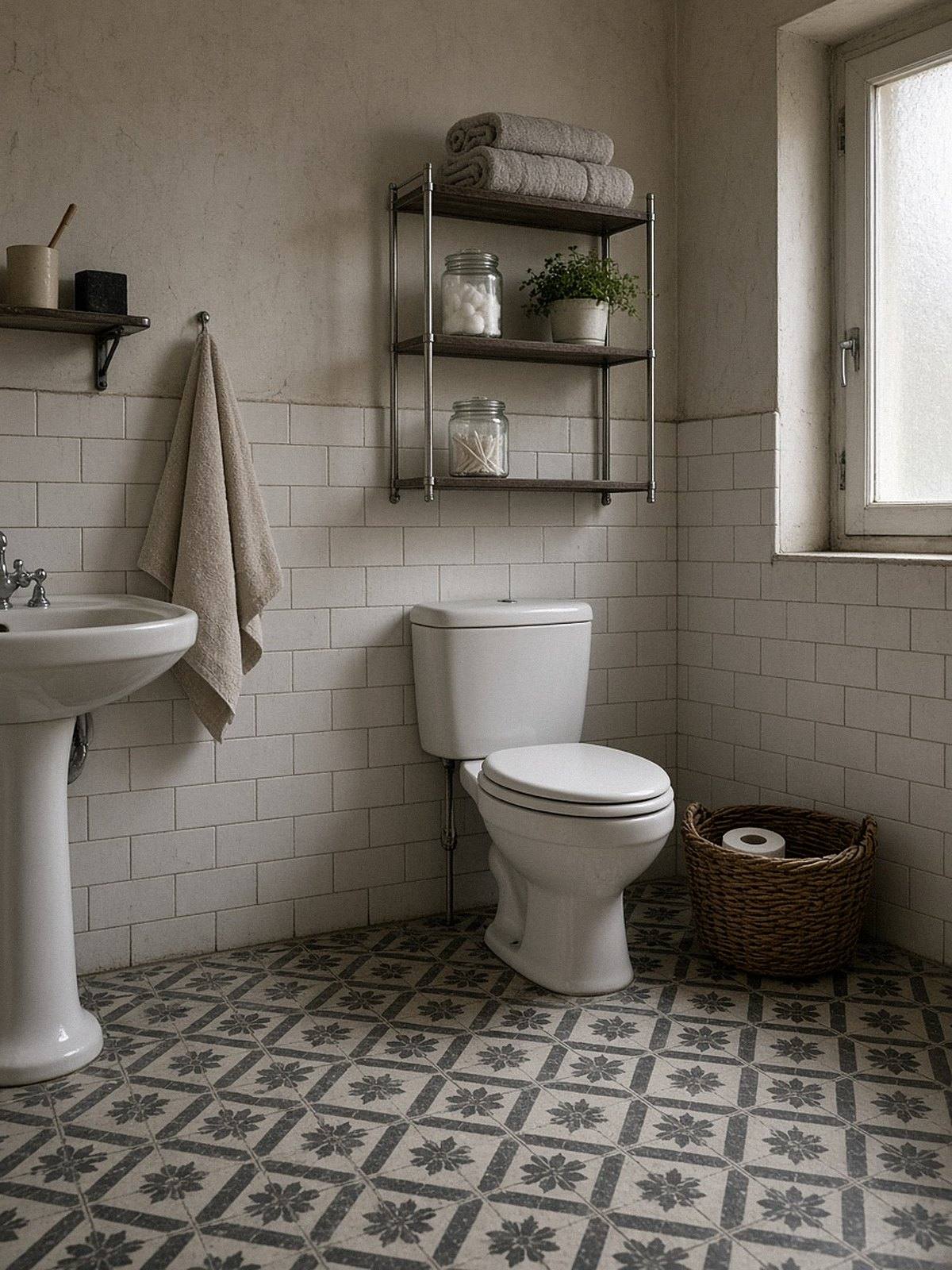 Bagno piccolo con cementine bianche e nere, scaffale sopra il WC, cesto in vimini e lavabo a colonna