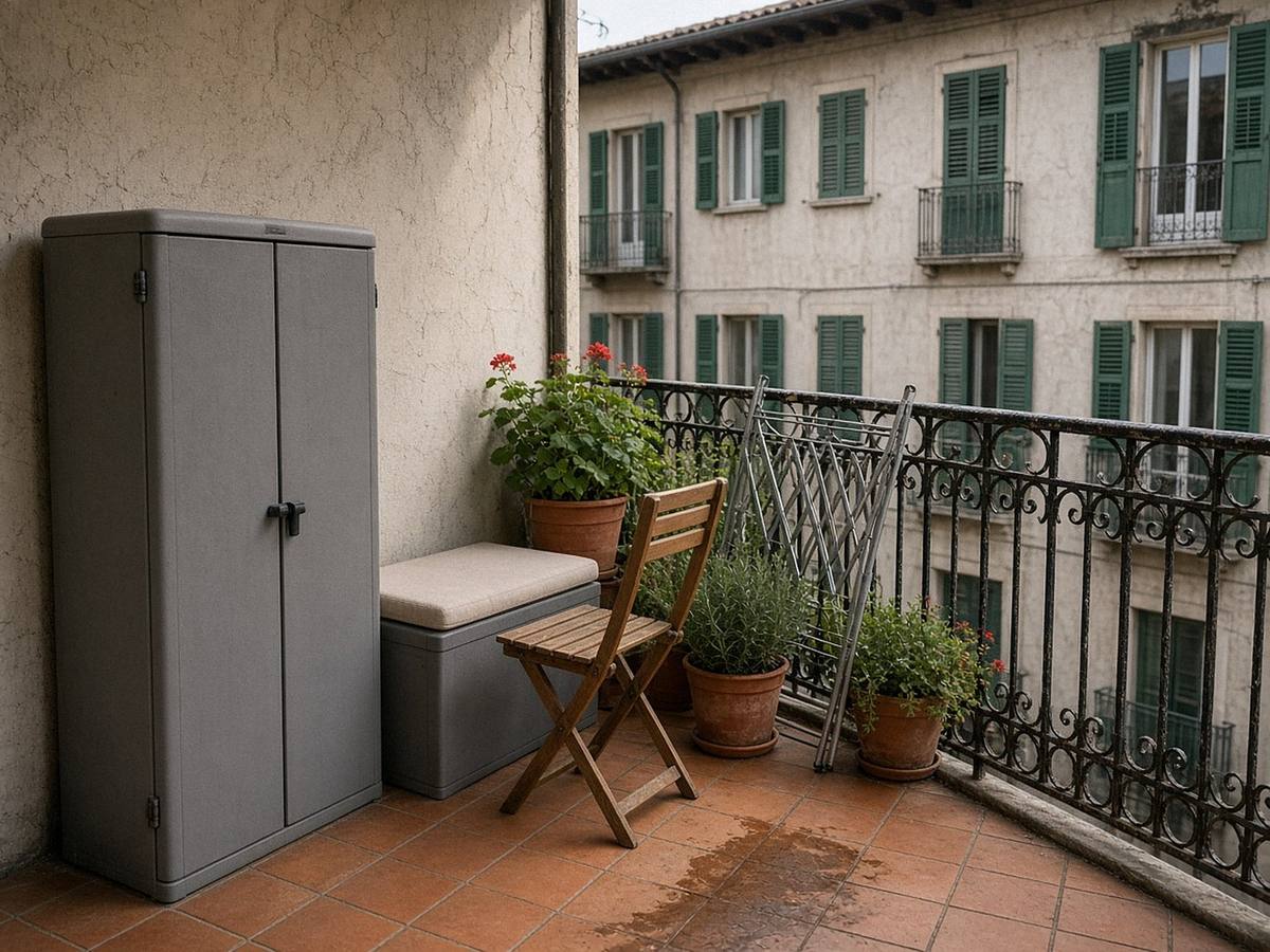 Balcone con ringhiera e pavimento in cotto: armadio da esterno in resina, baule-panca, gerani e stendino, con le persiane verdi del palazzo di fronte