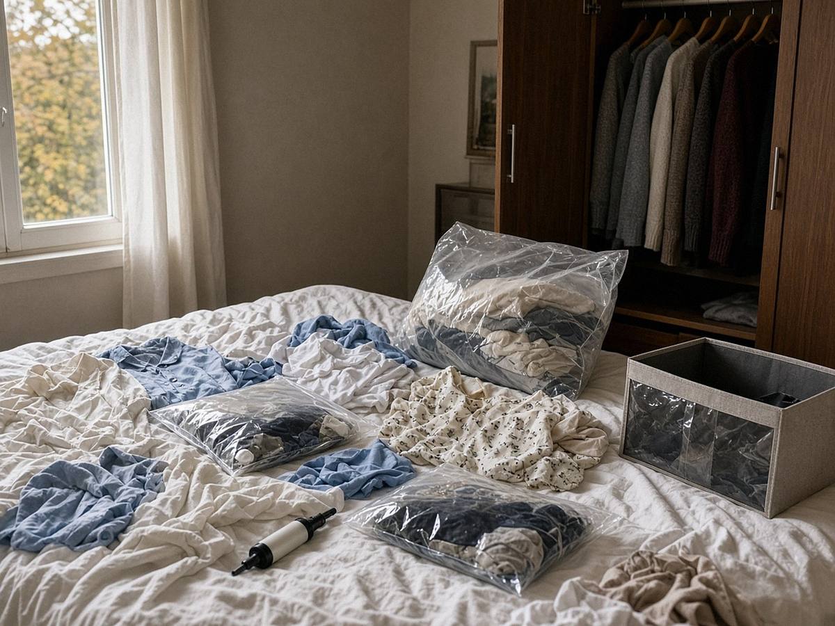 Letto con vestiti estivi da riporre, sacchetti sottovuoto e una scatola in tessuto, armadio aperto con i maglioni