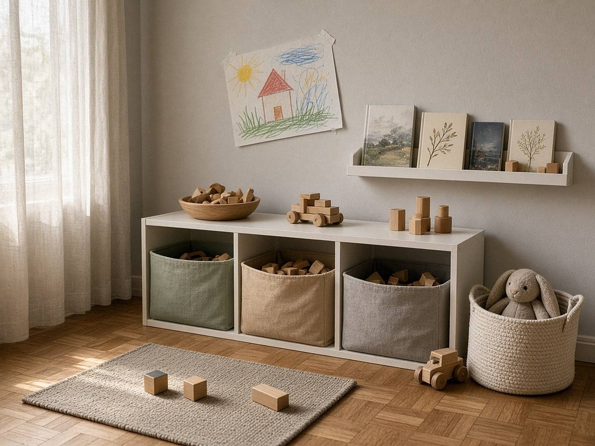 Cameretta con mobile basso e contenitori in tessuto, libreria frontale, cesto in corda con peluche e un disegno appeso