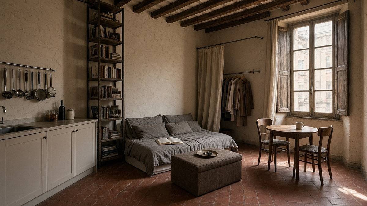 Monolocale con travi a vista: divano letto, pouf contenitore, libreria alta e cucinino in fondo