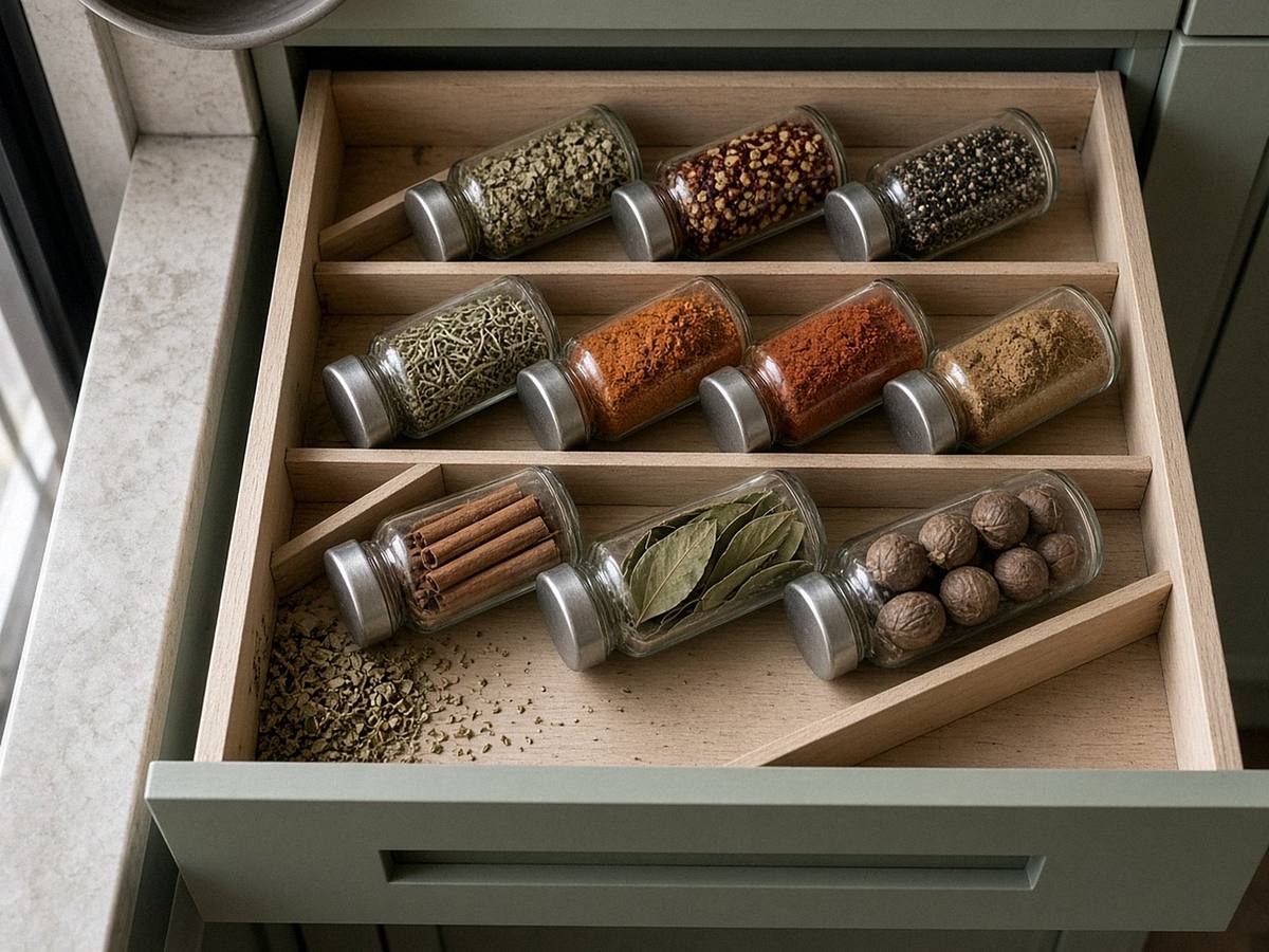 Cassetto della cucina con un inserto inclinato pieno di barattolini di spezie