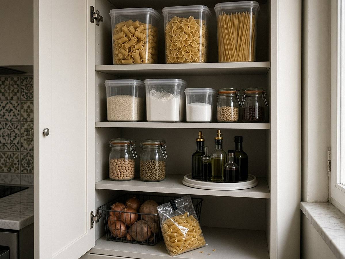 Dispensa aperta con contenitori ermetici trasparenti pieni di pasta, riso e farina, barattoli con chiusura a leva, un piatto girevole con gli oli e un cesto di patate