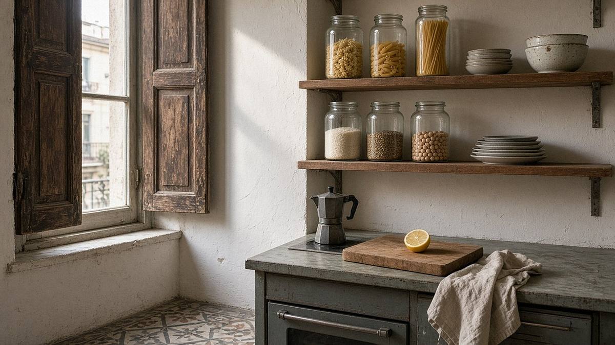 Cucina in un palazzo d’epoca: mensole in legno con barattoli di vetro pieni di pasta, riso e legumi, moka sul fornello